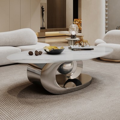 DOMETOUR Marble Coffee Table with Sculptural Stainless Steel Base