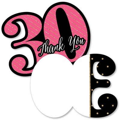 Big Dot of Happiness Chic 30th Birthday - Pink, Black & Gold - Shaped Thank You Cards - Birthday Party Thank You Note Cards with Envelopes - Set of 12