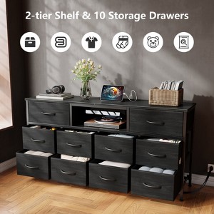 55” Long Dresser for Bedroom TV Stand for 55 to 65 inch TV Black Dresser with 10 Fabric Drawers Chest Center with Power Outlet LED Light - 1 of 4