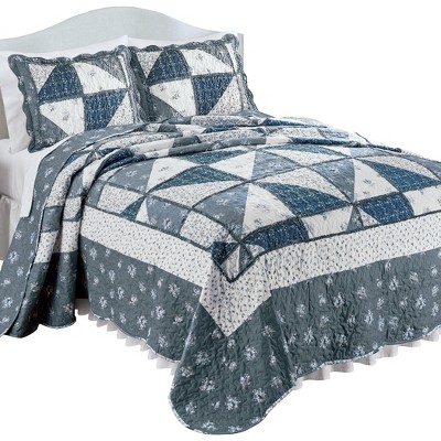 Navy and Gray Reversible King Patchwork Quilt Set
