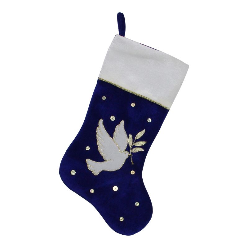 Northlight 20.5" Royal Blue and White Velvet Dove with Olive Branch Christmas Stocking, 1 of 4