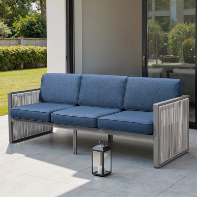 POCASSY Outdoor Round Wicker Patio Couch, Luxury High Back 3-Seater Sofa with Trapezoidal Back Cushion for Porch Garden Pool