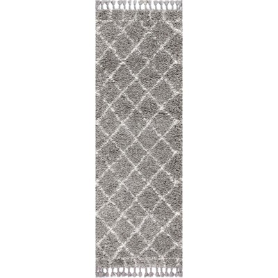 Grey and Cream Moroccan Geometric Trellis Shag Runner Rug