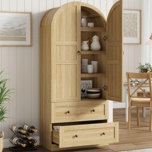 71" Armed Bookcase Cabinet - Wood Storage w/ Doors & Drawers, Farmhouse Display Case for Office & Living Room - 1 of 4