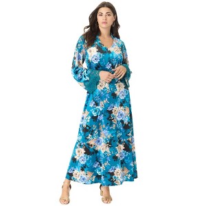 Roaman's Women's Plus Size Lace-Trim Velour Maxi Dress - 1 of 4