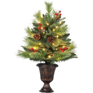 Artificial Mini Christmas Tree, Tabletop Christmas Tree with LED Warm Lights, Pinecone & Red Berry for Home Office Indoor Outdoor Decor - 1 of 4