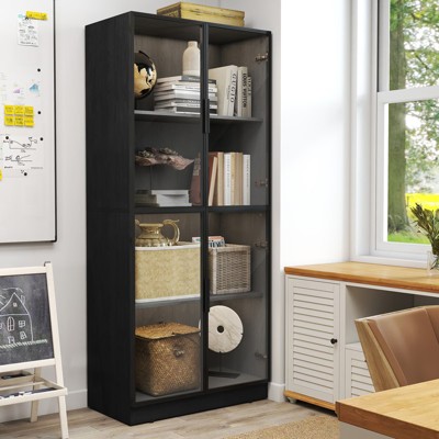 FONTOI Freestanding Storage Cabinet with Glass Doors, Display Case with 4-Tier Storage Shelves for Kitchen, Collectibles Black, 15.7"*68.3"*29.9"
