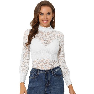 INSPIRE CHIC Women's See-Through Stretch Smocked High-Neck Long-Sleeve Lace Floral Blouse - 1 of 4