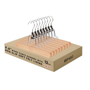 BP4U 12-Pack Wooden Clamp Hangers with Felt Lining, Non-Slip Pants Hangers, Skirt Hangers with 360° Swivel Hook, Space-Saving and Fabric-Safe Design - 1 of 4