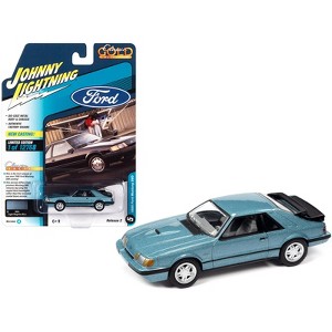 1986 Ford Mustang SVO Light Regatta Blue Metallic w/Black Stripes Ltd Ed to 12768 pcs 1/64 Diecast Model Car by Johnny Lightning - 1 of 3