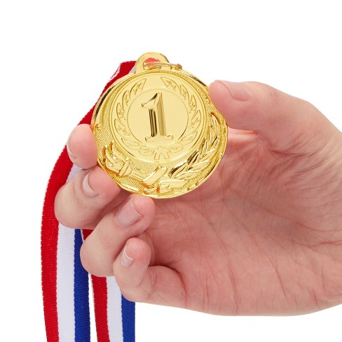 TOY-GOLD SILVER BRONZE WINNERS MEDALS+NECK CORDS/STRAPS-ACHIEVEMENT PRIZE AWARD 
