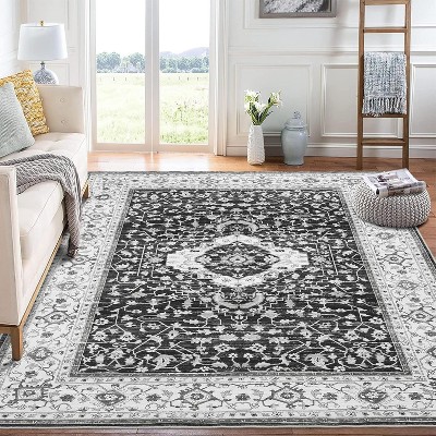 Acekool Washable Area Rug, Boho Vintage Non-Slip Low Pile Soft Accent Carpet for Living Room Bedroom, Pet & Kid Friendly, Easy Care