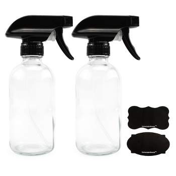 Cornucopia Brands 8oz Clear Glass Spray Bottles 2pk; Boston Round Bottles w/ 3-Setting Adjustable Black Heavy Duty Sprayers & Chalk Labels