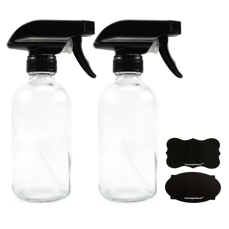 Cornucopia Brands 8oz Clear Glass Spray Bottles 2pk; Boston Round Bottles w/ 3-Setting Adjustable Black Heavy Duty Sprayers & Chalk Labels, 1 of 7