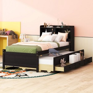 Twin Size Platform Bed with Built-in USB, LED light and Bookcase Headboard, Storage Bed with Trundle and 3 Storage Drawers - ModernLuxe - 1 of 4