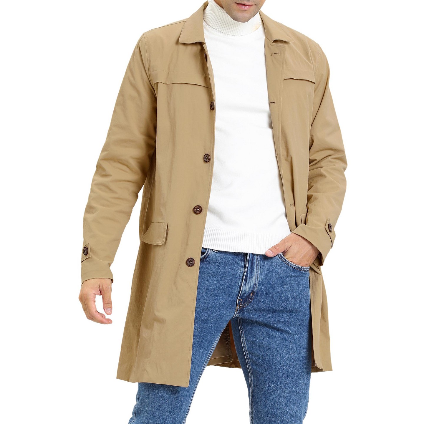 Мужская куртка Lars Amadeus Lightweight Solid Color Single Breasted Overcoat Khaki, цвет: Хаки — фото 1
