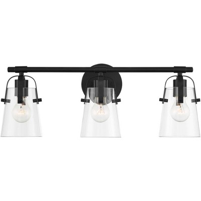 Possini Euro Design Modern Industrial Wall Light Black Hardwired 24" Wide 3-Light Fixture Mounted Clear Glass for Bathroom Vanity