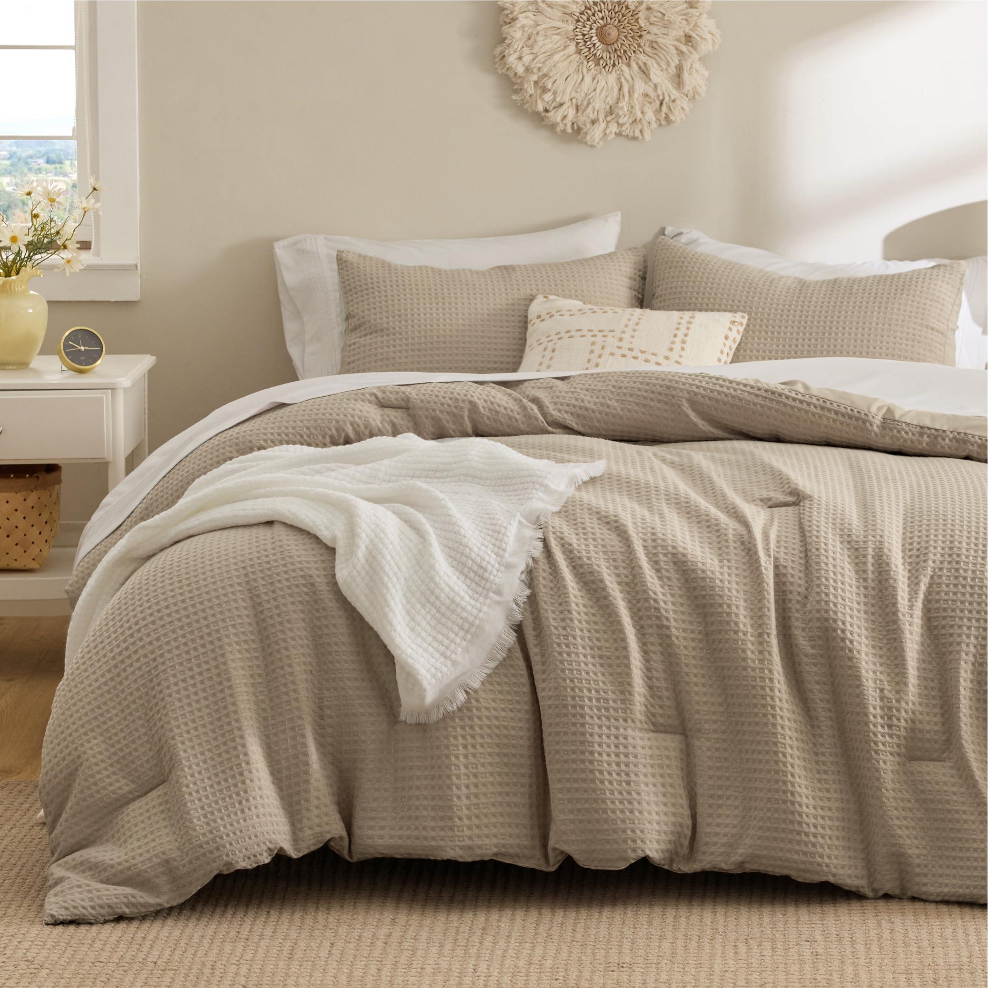 3 Pcs King Waffle Comforter Set - Soft, Breathable Khaki Bedding with Comforter & 2 Shams