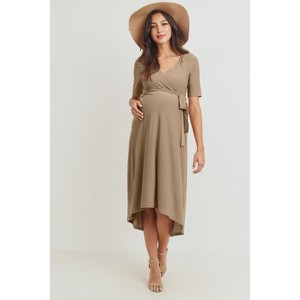 Hello Miz Women's Hi-Low Short Sleeve V Neck Maternity Wrap Dress with Belt - 1 of 4