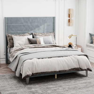 FUFU&GAGA Queen - Size Upholstered Platform Bed with Polyester Fabric Headboard - Modern Bedroom Centerpiece