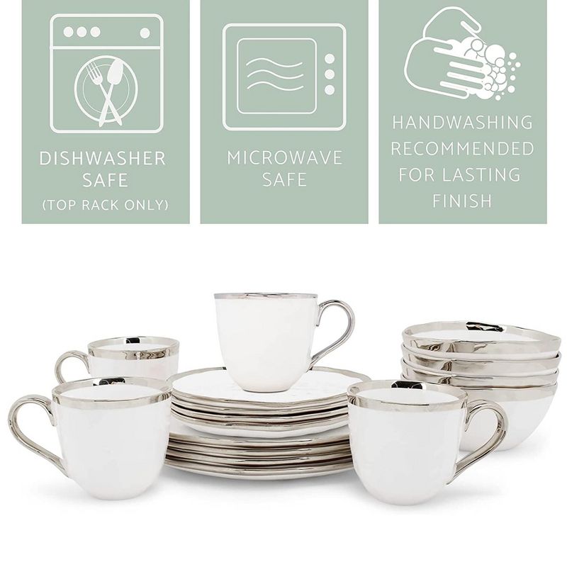 Elanze Designs 16-Piece Metallic Bubble Porcelain Ceramic Dinnerware Set - Service for 4, White Silver, 3 of 7