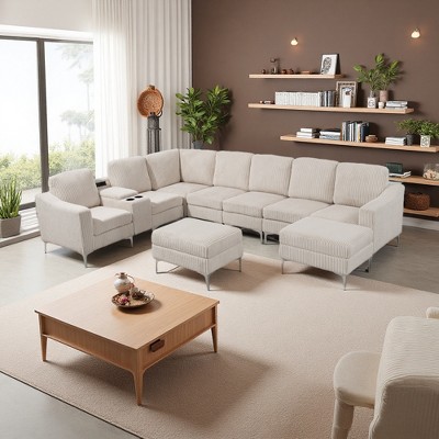 129.14" Corduroy Convertible Modular Sectional Sofa with 2 Storage Ottomans, Console & USB Ports