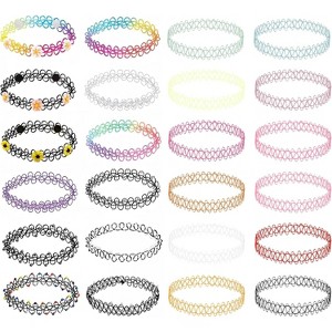 24-Pack Y2K Choker Necklace Set - 90s Stretchy Tattoo Chokers with Daisy & Goth Charms, Retro Party Favors - 1 of 4