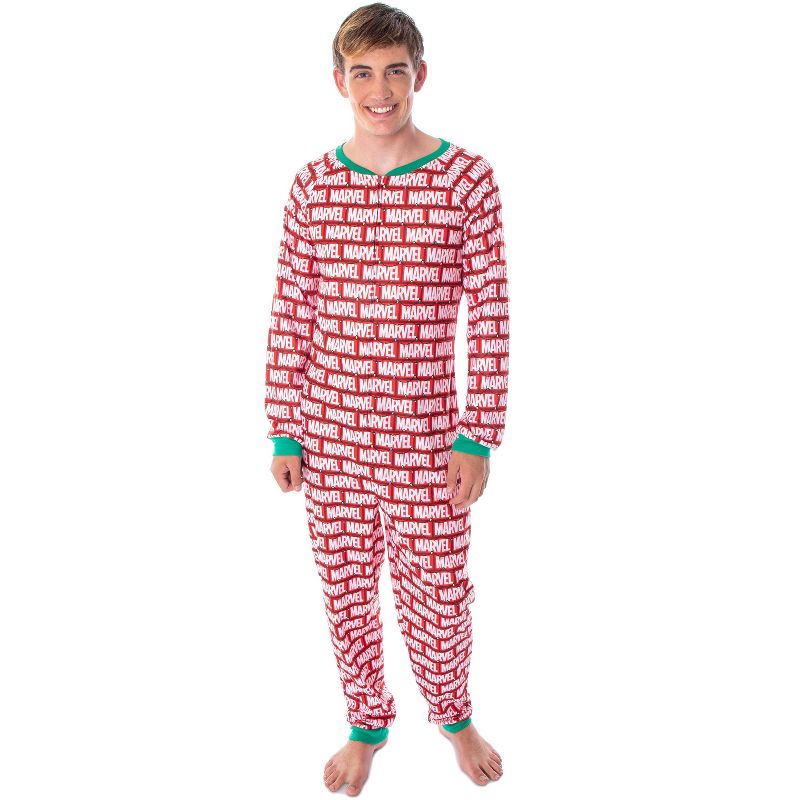 Marvel Logo Unionsuit with Christmas Lights Adult Onesie Pajamas Pjs Red, 1 of 5