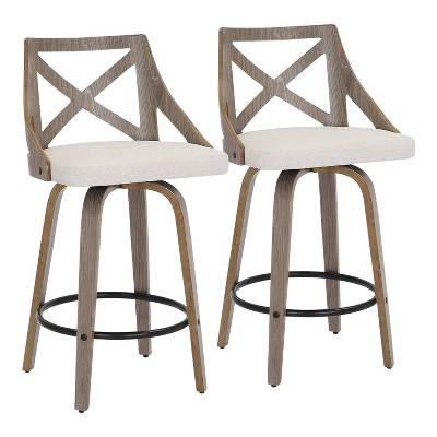 Set of 2 Charlotte Counter Height Barstools Light Gray/Gray - LumiSource: Upholstered Swivel Stools, Wood Legs