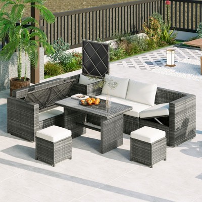 VYNXARIA Outdoor 6-Piece All Weather PE Rattan Sofa Set, Garden Patio Wicker Sectional Furniture Set with Adjustable Seat,Beige