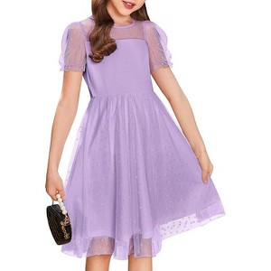 Arshiner Girls Dress Contrast Mesh Puffy Short Sleeve A Line Casual Party Dress 3-12 Years-Purple-6