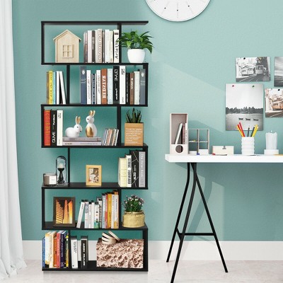 Black Tall S-Shaped Wooden 6-Tier Bookshelf