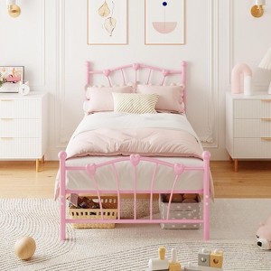 Acekool Kids Metal Bed Frame with Heart Shaped Headboard & Footboard, 11.5" Underbed Storage, Platform Bed, Pink, Twin Size - 1 of 4