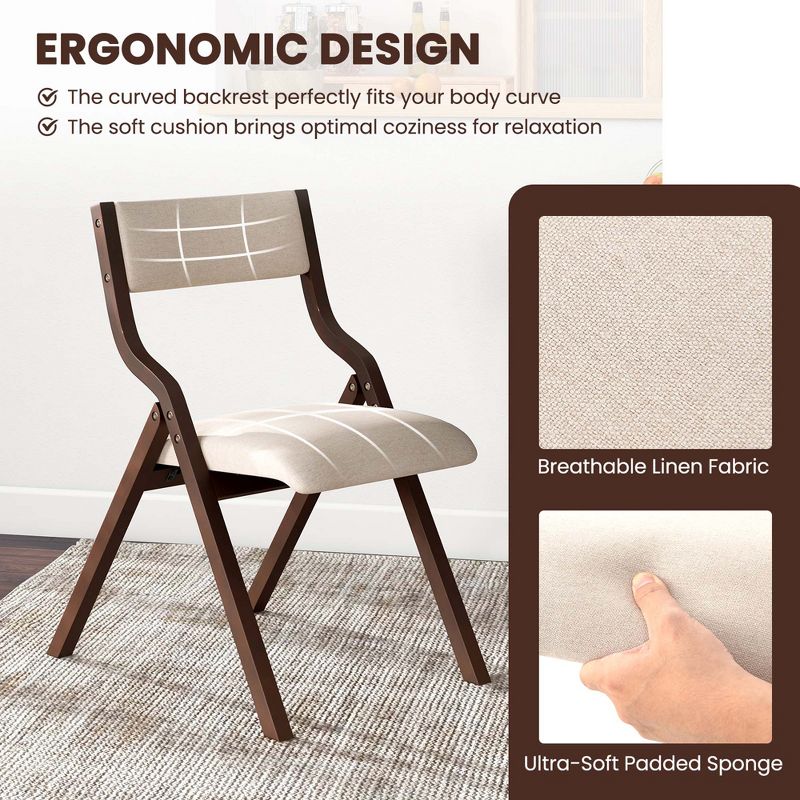 Costway Folding Dining Chair Set of 2 Wooden Upholstered Modern Linen Fabric Padded Seat, 5 of 9