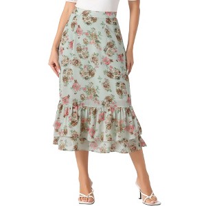 INSPIRE CHIC Women's Chiffon Elastic Waist Ruffle Tiered Flowy Midi Floral Printed Skirts - 1 of 4