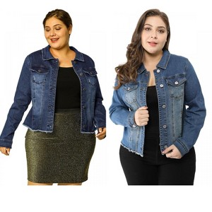 Women's Plus Size 2 Pieces Classic Denim Front Frayed Casual Long Sleeve Fashion Jean Jackets - Agnes Orinda - 1 of 4