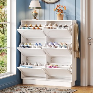 MOEPISY Modern Elegant Narrow Tipping Bucket Shoe Cabinet with 6 Flip Drawers, Free-Standing Shoe Rack with 3 Silvery Hooks, White - 1 of 4