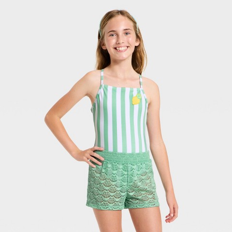 Детские купальники Cat & Jack Girls' Island Umbrella Swimwear Set - Cat & Jack™ Sage Green/White M