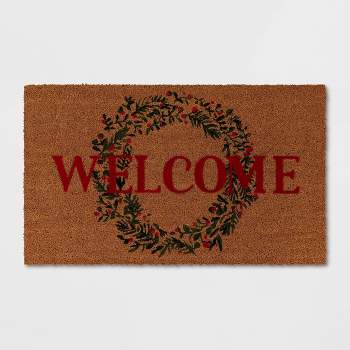 1'6"x2'6" 'Welcome' Wreath Flocked Coir Christmas Doormat Red/Green - Wondershop™