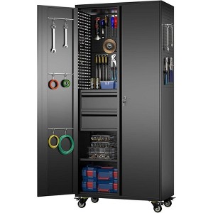 AOBABO Metal Storage Cabinet with Wheels and Adjustable Pegboard, Steel Rolling Tool Cabinet with 16 Hooks and 2 Interior Drawers for Garage, Home - 1 of 1