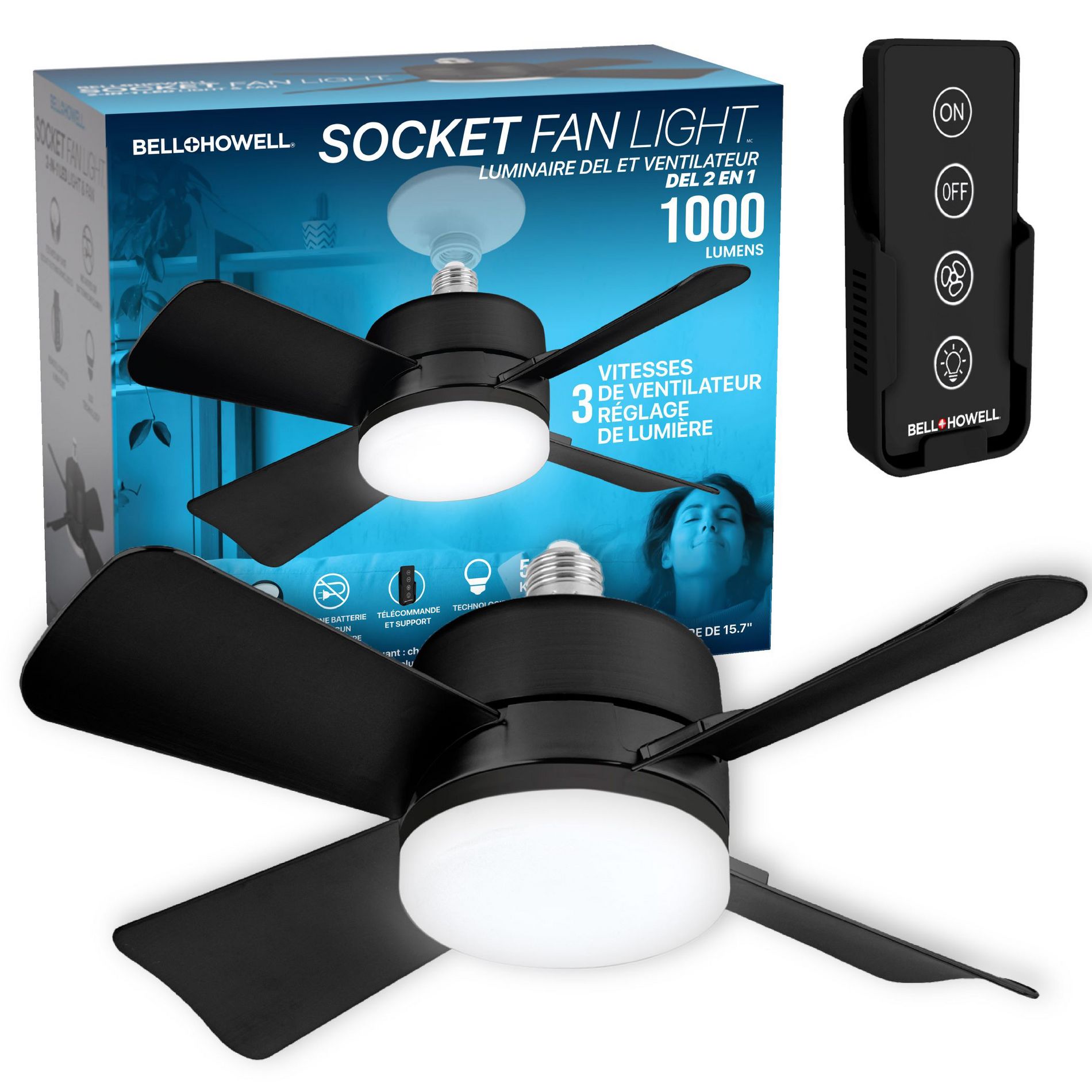 Socket Fan Light Ceiling Fan with Light 2-in-1 LED Cool White Light and Fan with Remote Control Black
