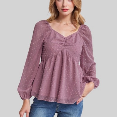 Anna-Kaci Women's Swiss Dot Long Sleeve Blouse with Ruched Front and Peplum Hem