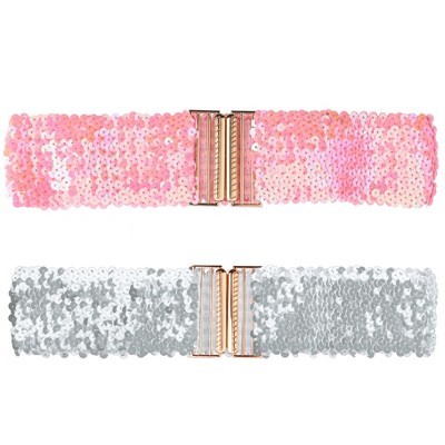 INSPIRE CHIC Women's Wide Waist Belts Interlock Buckles Sequins Decor Stretchy Belts 2PCS