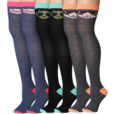 Isadora Paccini Womens 3 Pairs Cat Face Mystical Feline Trio Colors Pattern Over The Knee High Socks