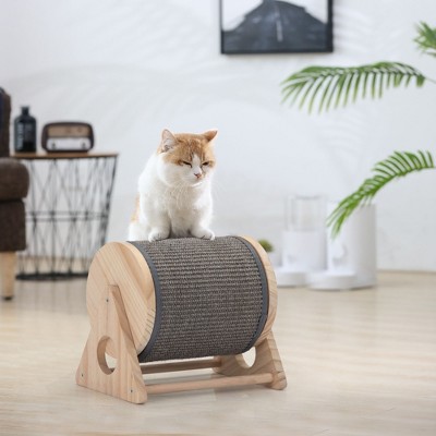 Sevobal Pet Scratcher Wooden Cat Scratching Post, 360Degree Rolling Cat Scratcher Toy with Bells for Indoor Cats and Kittens, Beige, 11"*7.5"*9.5"