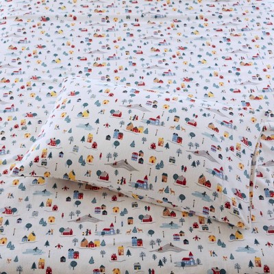 Twin XL White Village Print Cotton Flannel Sheet Set