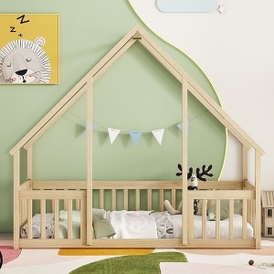 CAVINAS Twin Size Floor Bed House Shaped Modern Pine Bed Frame with Guardrails and Opening for Bedroom - 1 of 4