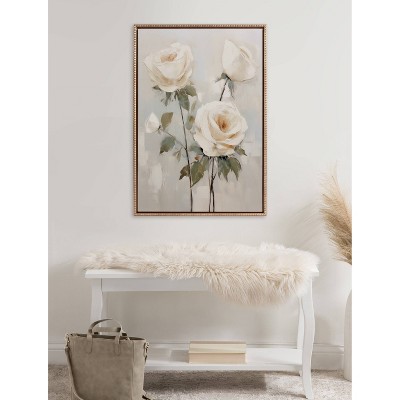 Gold Beaded Frame Soft White Roses Canvas Wall Art 23x33