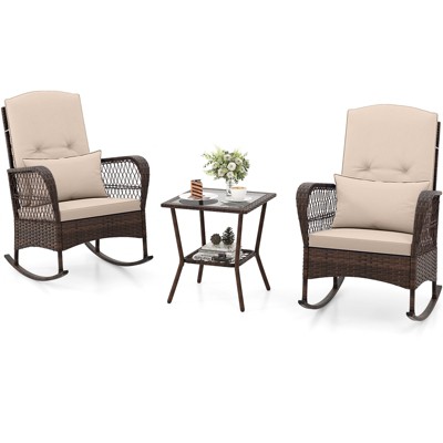 Tangkula 3 Piece Patio Rocker Set Outdoor Wicker Rocking Chairs with Double-Layer Coffee Table Rattan Rocker Chair Set with Seat Back Cushions & Pillows Beige/Gray/Blue/Red