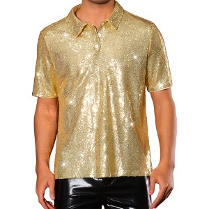 Lars Amadeus Men's Short Sleeve Sparkle Glitter Prom 70s Disco Nightclub Party Sequin Polo Shirts - 1 of 4